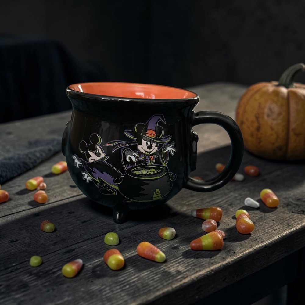 Disney Parks Mickey Minnie Halloween Cauldron Mug Black Orange Ceramic Footed